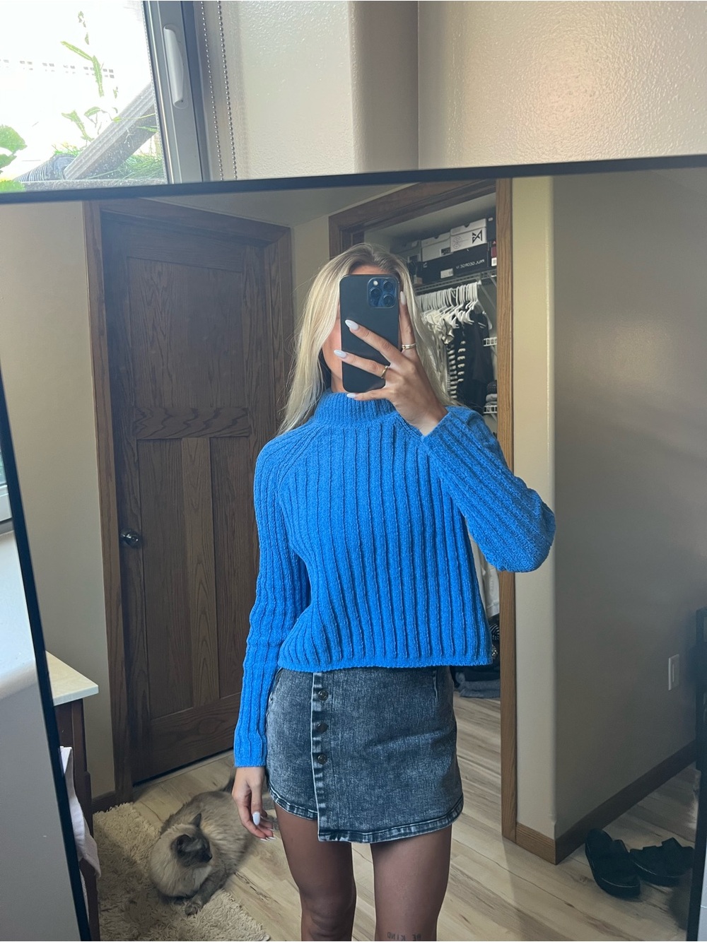 Pink Rose Vibrant Blue Ribbed Mock-Neck Sweater